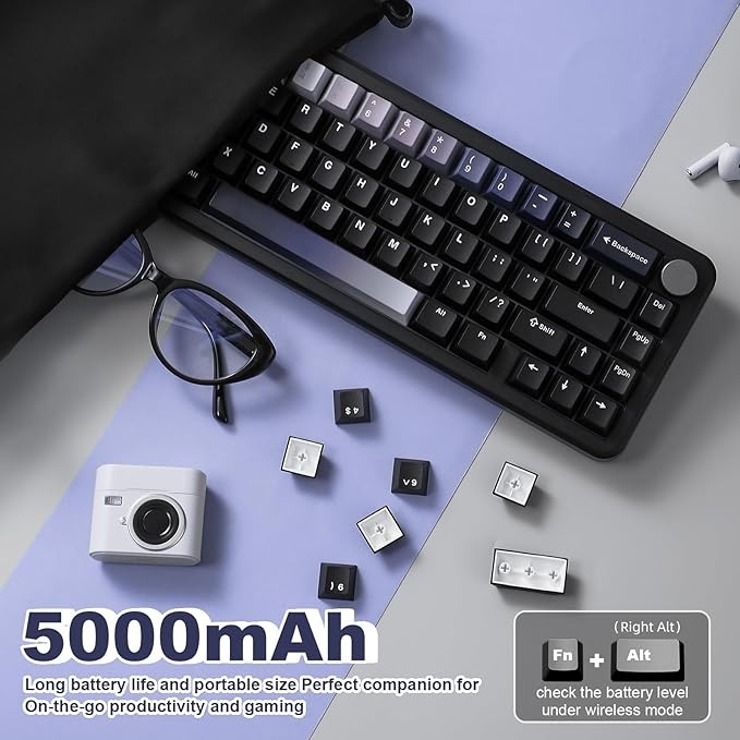 YUNZII B68 Wireless Mechanical Keyboard,Tri-Mode BT5.0/2.4GHz/USB-C,Cute PBT Keycaps,Hot Swappable Creamy Typing Gasket Mounted,RGB Backlit NKRO for Win/Mac (Black, Cocoa Cream V2 Switch)