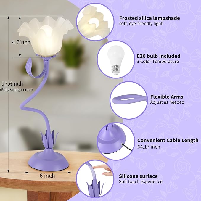 Cute Flower Desk Lamp, 3 Color Temperature Table Lamp with LED Bulb, Vintage Bedside Lamps, Reading Lamps with Soft Light for Bedroom, Living Room(Purple)