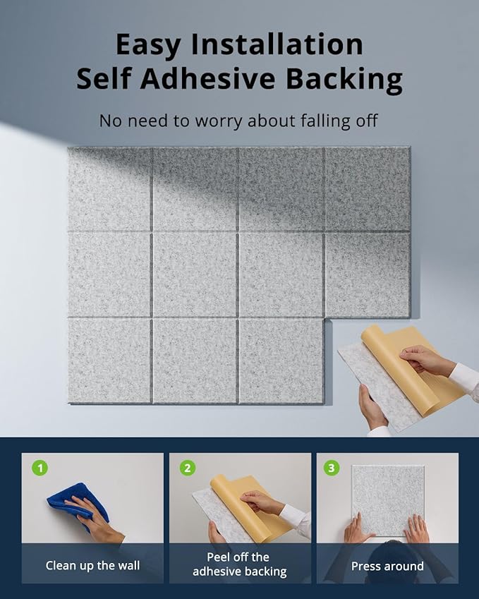 12 Pack Acoustic Panels Sound Absorbing 12"X12"X0.4" Self-adhesive Acoustic Panels High Density Sound Proof Panels for Walls, Door And Ceiling Gray