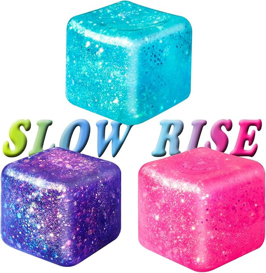 3Pcs Nice Stress Cube Stress Cubes Squishy Ice Cube Squishy Stress Cubes for Adults Glitter Stress Balls for Adults Kids Classroom Fidget Toys Birthday Gift (Pink Purple Blue)