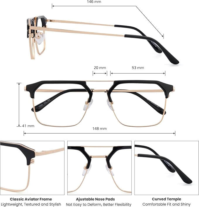 GUDVUE Mens Blue Light Glasses Rectangle Computer Glasses Gaming Glasses, Aviator Black/Golden