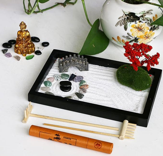 Mini Meditation Zen Garden Kit - Japanese Tabletop Rock Sand Chakra Buddha Garden Home Office Desk Decor Gifts for Father Mother Birthday - Sandbox w/Rake Tool Accessories