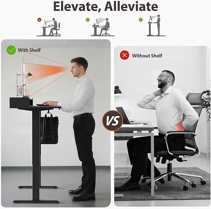 Agilestic Glass Standing Desk with Storage, 48 Inch Electric Adjustable Desk with Glass Shelf, Sit Stand Up Home Office Computer Table, Splice Board, Black