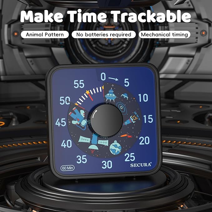 Secura 7.5-Inch Astronaut Pattern Visual Timer for Kids, 60-Minute Countdown Timer for Classroom or Kitchen, Durable Mechanical Timer Clock with Magnetic Backing (Black)