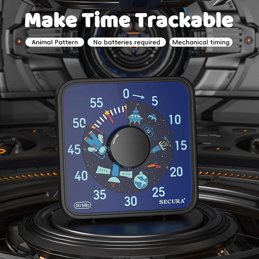 Secura 7.5-Inch Astronaut Pattern Visual Timer for Kids, 60-Minute Countdown Timer for Classroom or Kitchen, Durable Mechanical Timer Clock with Magnetic Backing (Black)