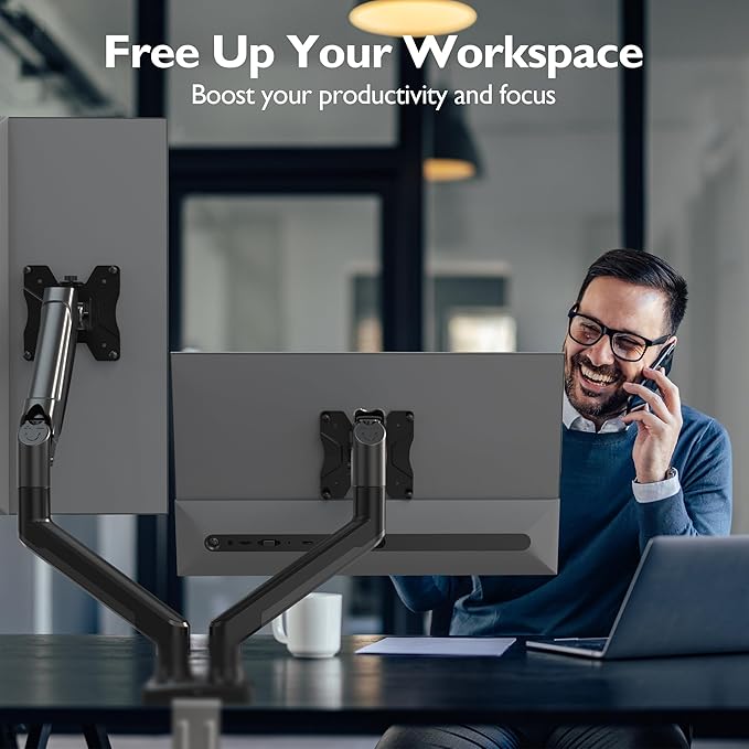 BONTEC Monitor Arm Desk Mount, Gas Spring Monitor Stand, Adjustable Full Motion VESA with C Clamp & Grommet Base, Supports 6.6-19.8lbs LCD/LED Tilt, Swivel, Rotation (Dual Arms, 13-32 Inch)