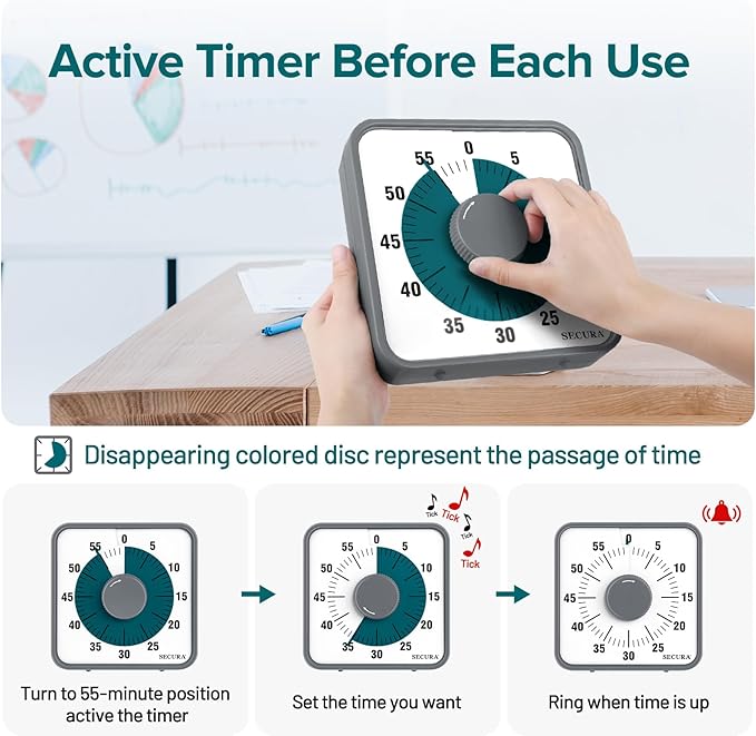 Secura 7.5 Inch Visual Timer, 60 Minute Visual Oversize Countdown Timer for Kids and Adults, Durable Mechanical Time Management Tool (Dark Green)