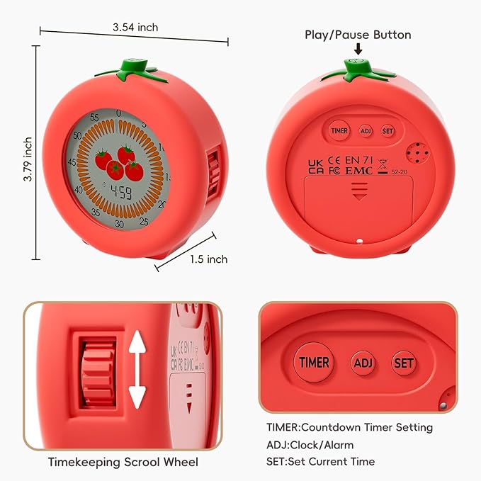 Digital Visual Timer for Kids with Protective Case, Tomato Theme 299 Minute Pomodoro Timer for Classroom Office Kitchen, Time Management Tools for ADHD Children
