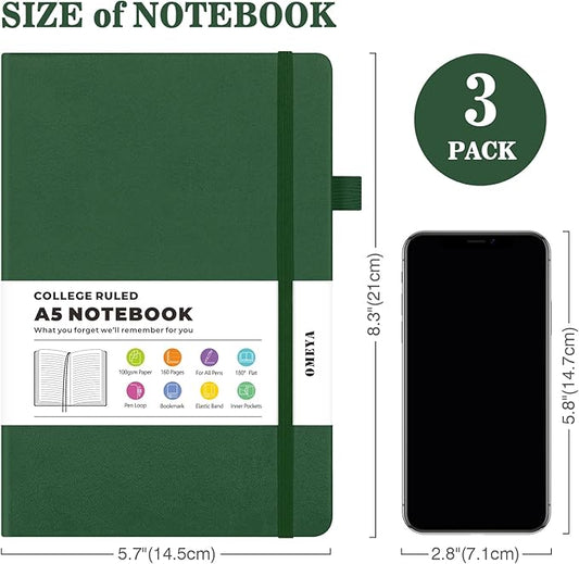 Lined Journal Notebook, 3 Pack A5 College Ruled Notebooks for Work, Hardcover Notebook Each with 2 Pockets & Pen, Leather Journal for Women, Men, 160 Pages, 100GSM Thick Paper (Green, Red, Black)