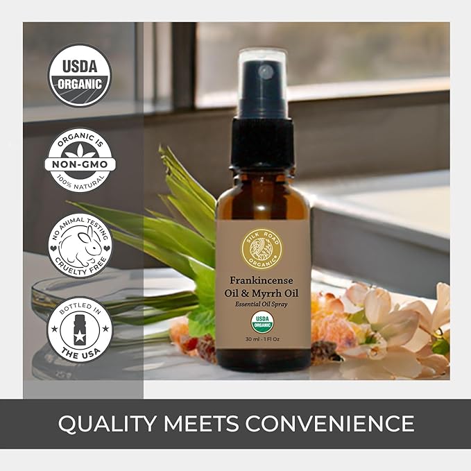 Silk Road Organic Frankincense Oil & Myrrh Essential Oil Spray, 100% Pure USDA Certified Aromatherapy for Body Aches, Stiffness & Tingling, Stress Relief, & Skin - 1 Oz Spray