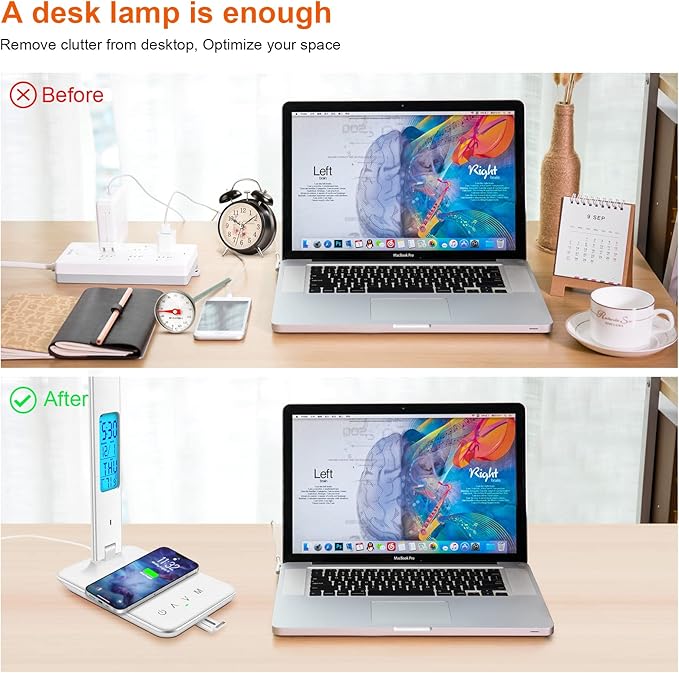 Desk Lamp with Wireless Charger, USB Charging Port, Dimmable Office Desk Light with Clock, Alarm, Date, Temperature, Foldable Lamp for Table Bedroom Bedside Office (White)