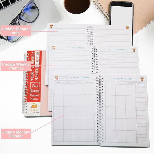 LEMEDE No Waste 12 Months Undated Planner Weekly and Monthly Planner, Weekly To Do List Notepad with Storage Pocket, A5 Undated Planners for Women & Men, Home Office Desk Accessories and Supplies