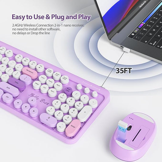 Fogruaden Wireless Keyboard and Mouse Combo 2.4GHz Retro Typewriter Keyboard, 104 Keys Full Size Round Keycap Cute Keyboard and Mouse with Number Pad, Purple Colorful Keyboard for Windows PC Laptop