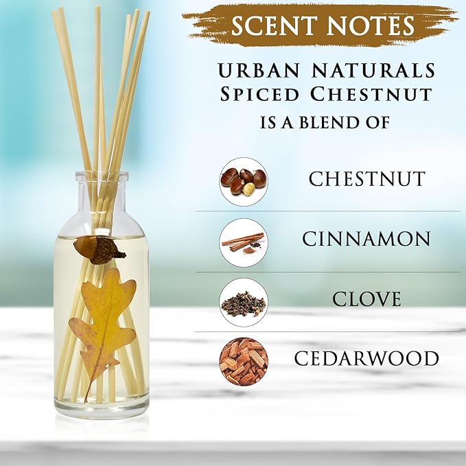 Urban Naturals Spiced Chestnut Reed Diffuser Sticks and Oil Set β Comforting Autumn Scent of Chestnuts, Cinnamon, Clove and Cedar Wood with Real Acorns and Fall Leaves β 3.75 Ounces β Made in The USA