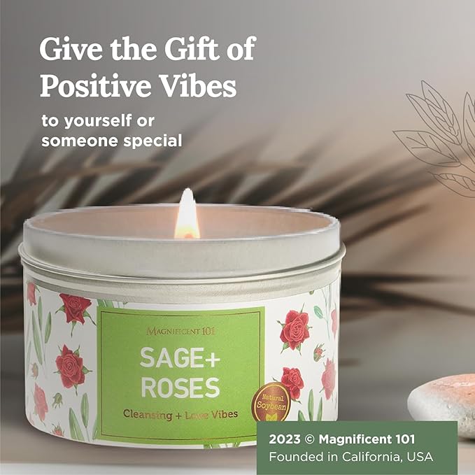 MAGNIFICENT 101 Sage & Roses Aromatherapy Candle for Space Cleansing - 6 oz Soy Wax - 35-Hour Burn - Long-Lasting Fragrance & Manifestation - Meditation Accessory & Spiritual Decor