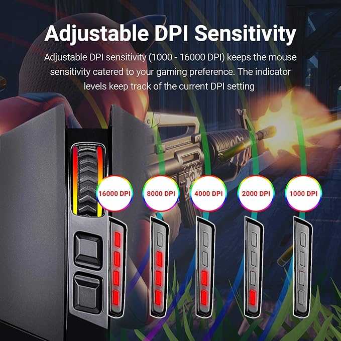 Redragon M801 Wireless Gaming Mouse, RGB Gaming Mouse with MMO 9 Programmable Macro Editing Buttons, UP 16000 Adjustable DPI, Rapid Fire Button for Game, Windows,PC - Wireless, Black