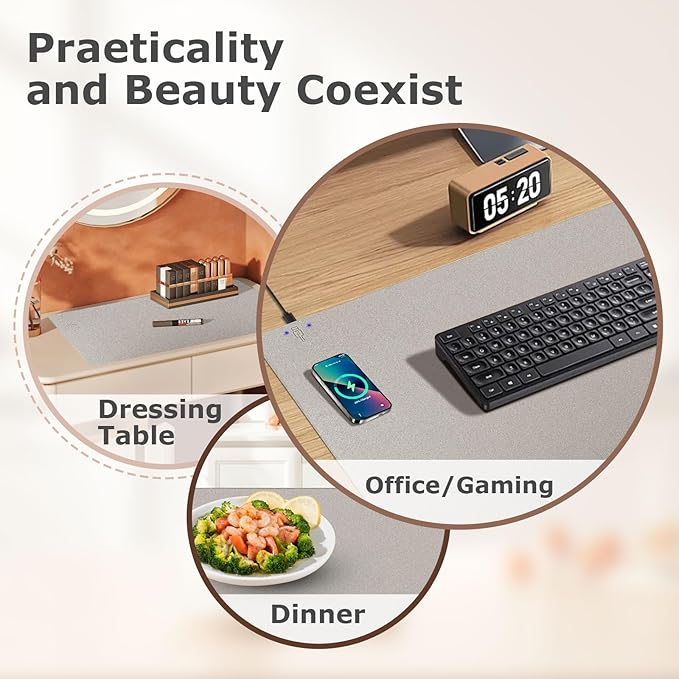 Wireless Charging Mouse Pad Firelison 2 in 1 Leather Multifunctional Office Desk Pad with Non-Slip Rubber Base, Waterproof Desk pad for Computers/Office/Work/Home/Decor( 36" x 17"Grey - L)