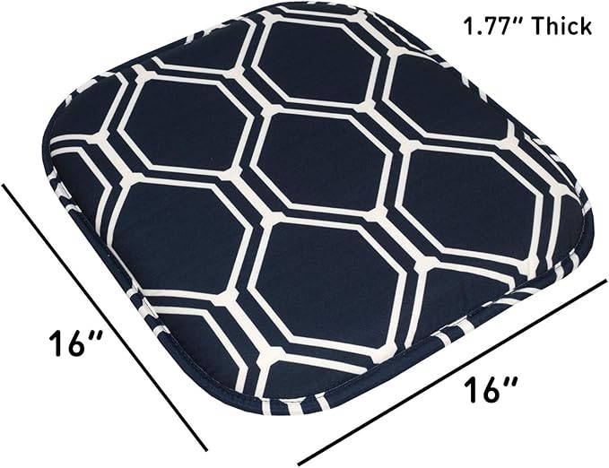 Sweet Home Collection Chair Cushion Memory Foam Pads Honeycomb Pattern Slip Non Skid Rubber Back Rounded Square 16" x 16" Seat Cover, 6 Pack, Mirage Navy/White