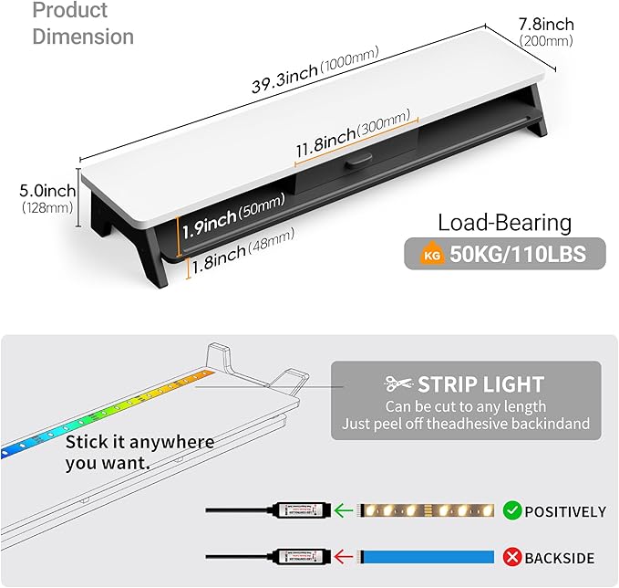 Dual Monitor Stand Riser,LED 2-Tier 39.3 Inch Computer Monitor Stand for 2 Monitors,Office Desktop Organizer with Storage Drawer and Phone Holder for Laptop,PC,Computer,Printer,White