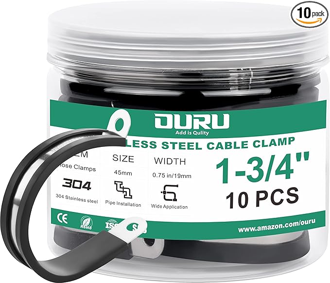 10pcs 1-3/4 Inch Stainless Steel & Rubber Coated Cushioned Insulated Cable Clamps, Automotive Pipe & Wire Clamps, Black