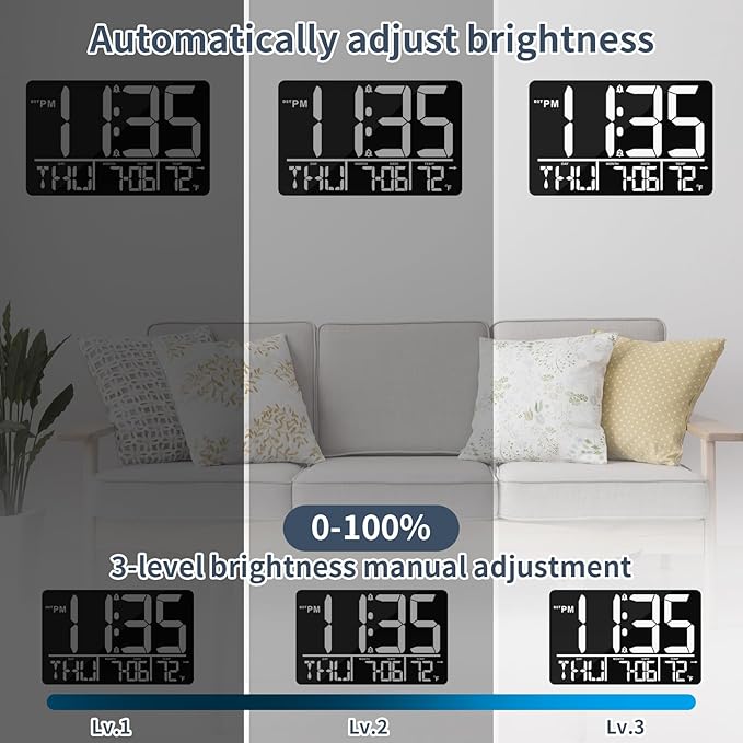 13" Digital Wall Clock Large Display with Remote, 25 Ringtones, Temperature, Calendar, 0-100% Auto or Custom Brightness, 12/24H, DST, Timer, for Living Room, Kitchen, Bedroom, Office, Elderly