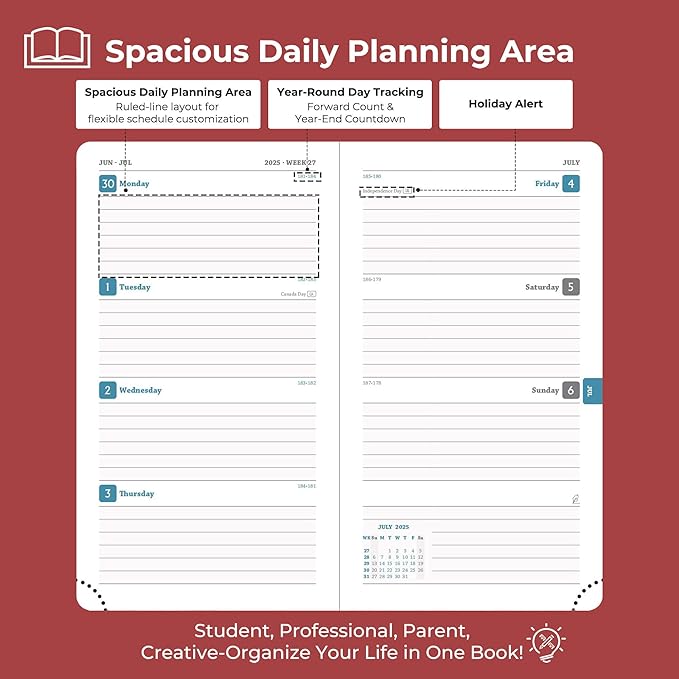 Weekly Monthly 2025-2026 Planner (July 25-Dec 26),6.5"x3.75",18 Months Agenda Plan with Month Tabs & Pocket,Expenses/Note Pages, Academic Calendar with Vegan Leather Cover,Red