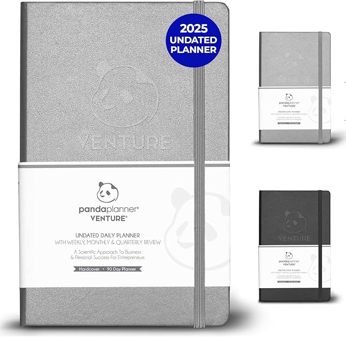 Panda Planner Undated Daily Planner - 90 Day Organization - Productivity For Entrepenuers - Set Goals - Bonus Weekly & Monthly Agenda - Grey - Hardcover