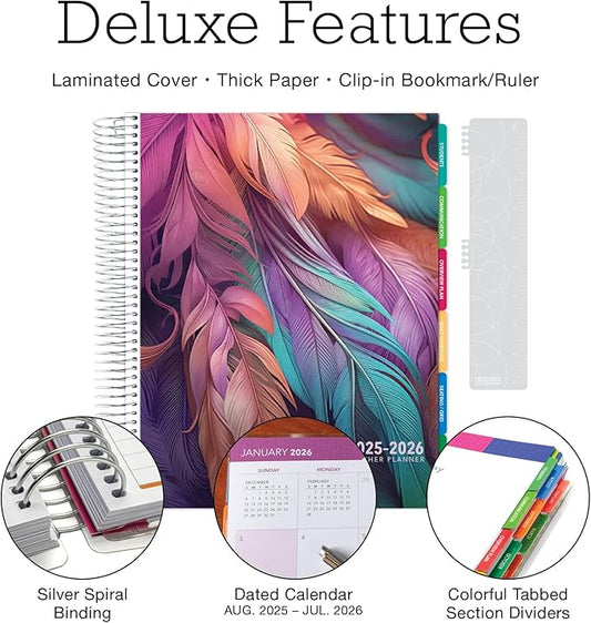 Aug 2025-Jul 2026 Deluxe Teacher Planner Notebook 8.5x11 Daily Weekly Monthly Organizers with 7 Periods, Pocket Folder, Dated Calendar, Page Tabs, Bookmark and Planning Stickers (Pastel Peacock)