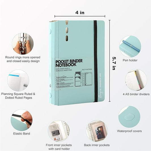 CAGIE A7 Binder 6 Ring Notebook with Dividers Refillable Planner Binder with Pockets, Refill Paper Include Planning Square Ruled and Dotted Pages, 4.13 x 5.71 In, (Blue, A7 Hourly&Dot Page)