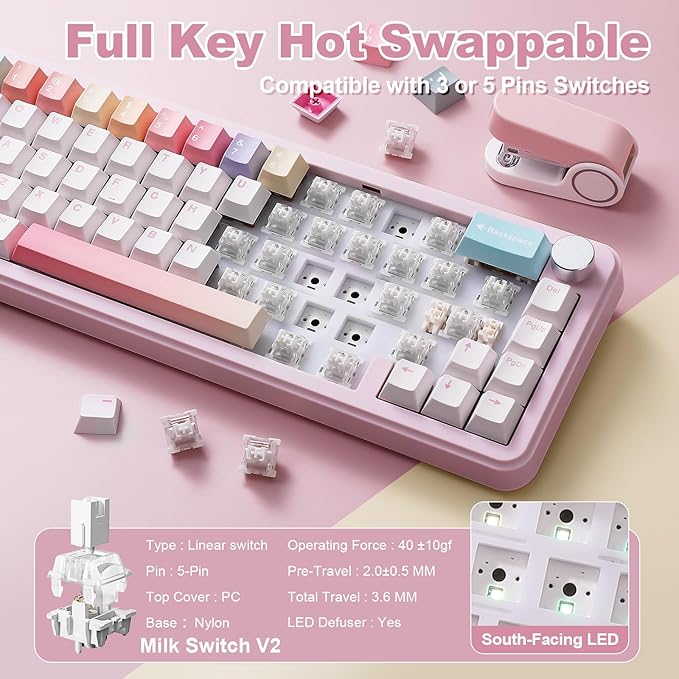 YUNZII B68 Wireless Mechanical Keyboard,Tri-Mode BT5.0/2.4GHz/USB-C,Cute PBT Keycaps,Hot Swappable Creamy Typing Gasket Mounted,RGB Backlit NKRO for Win/Mac (Pink, Milk V2 Switch)