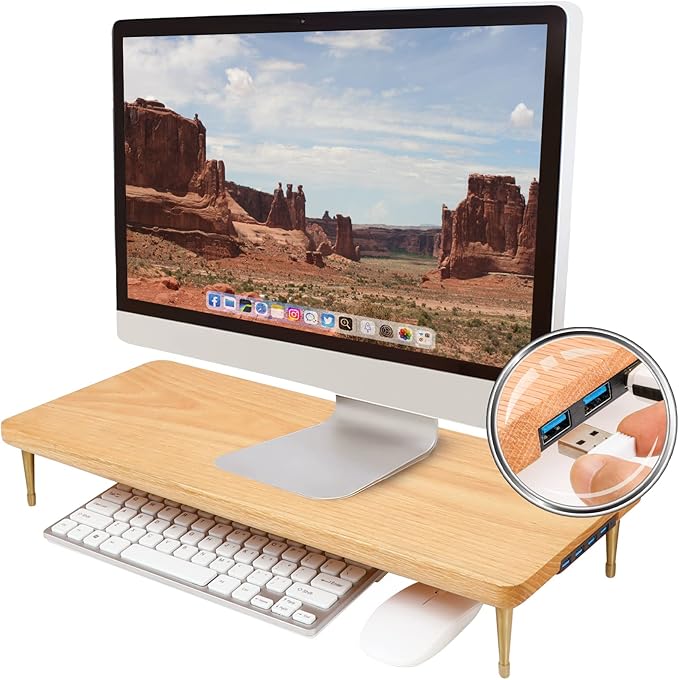 Wood Riser Monitor Stand with USB Ports Computer Stand w/Slot for Tablet & Cellphone Computer Riser w/Big Storage, Dual Monitor Riser for PC, Computer, Laptop, Printer