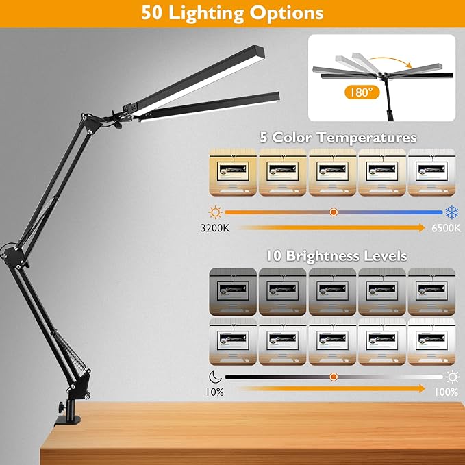 LED Desk Lamp with Clamp, Super Bright Double Head Task Light, 5 Color Modes, 10%~100% Dimmable Brightness, Modern Swing Arm Workbench Light