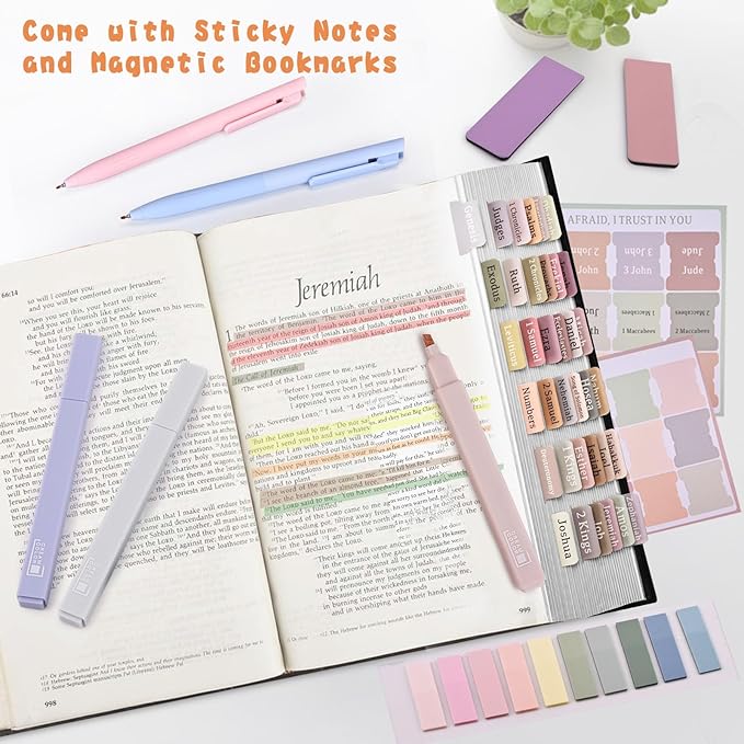 Bible Journaling Kit, Include 12 Bible Highlighters and 6 Pens No Bleed, 90 Laminated Bible Tabs, Magnetic Bookmarks, Sticky Notes, Study Supplies Essentials Set for Women & Men