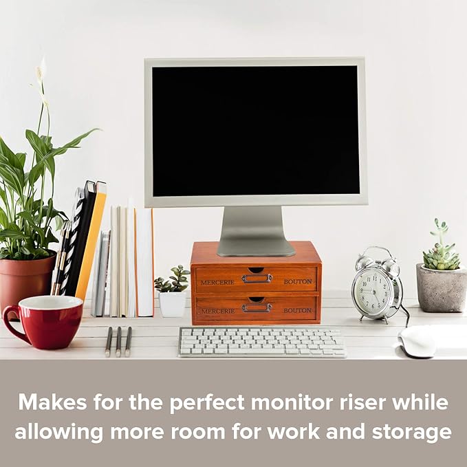 Vintage 2-Drawer Desk Organizer - Wood Countertop Drawer Organizers - 2-Tier Wooden Desktop Monitor Riser w/Drawers - Organization and Storage Drawers for Desk - Stackable Drawers - File Drawer Unit