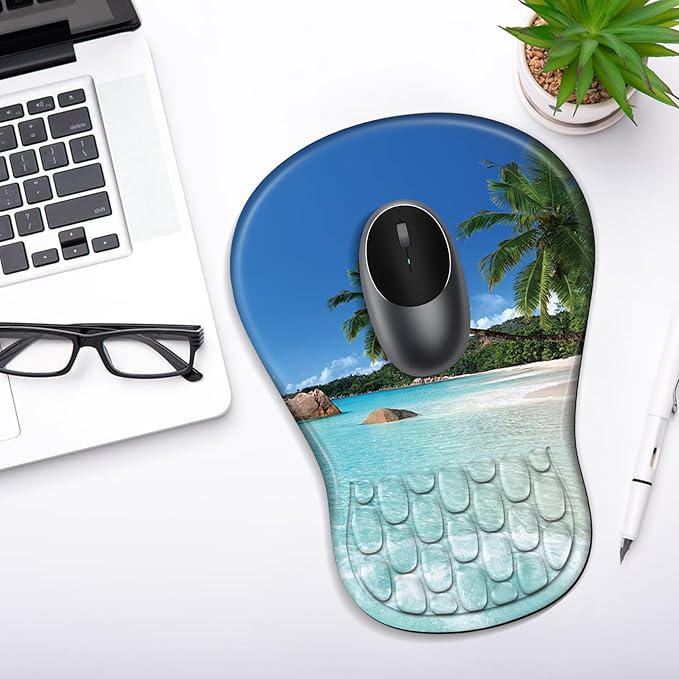 Ergonomic Mouse Pad with Wrist Rest Support, Mousepad with Comfortable Memory Foam Wrist Rest and Non-Slip PU Base for Pain Relief, Computer, Laptop, Office, Home (Beach)