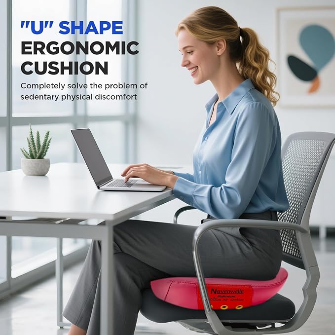 Seat Cushion for Office Chair – Memory Foam Car Seat Cushion for Sciatica, Tailbone, Back & Hemorrhoid Pain Relief U-Shaped Ergonomic High-Density Breathable Foam with Non-Slip Base (Pink)