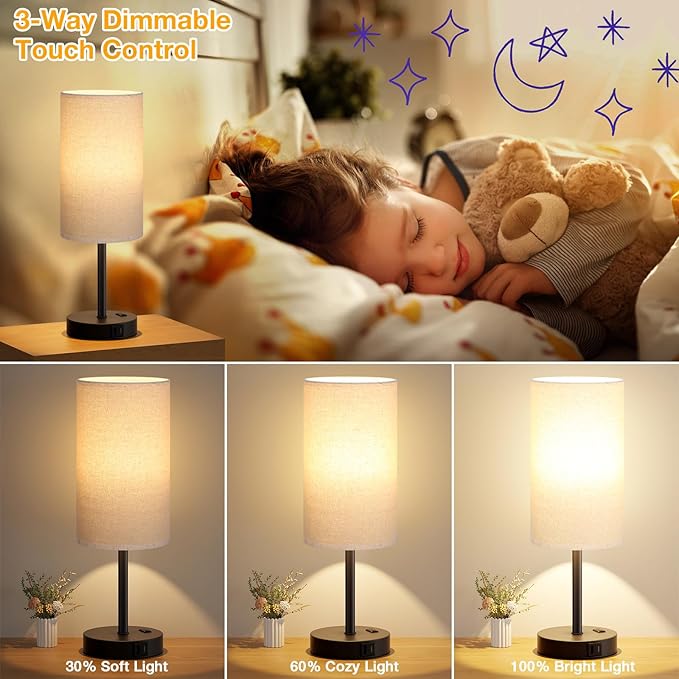 Tall Touch Bedside Table Lamp with USB - 3 Way Dimmable Black Lamps for Bedroom Nightstand, Desk Lamp with Black Charging Station for Dorm, Office, Kids Room