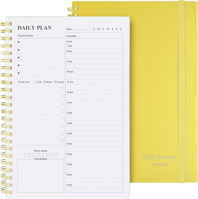 Asten Daily Planner Undated - To Do List Notebook With Hourly Schedules and Spiral Appointment Book for Men and Women, ADHD Work Planner With Inner Pocket 8.3"x 5.8" (Yellow)