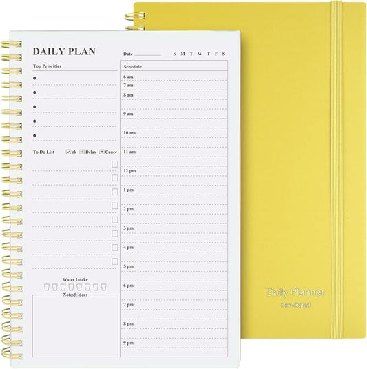 Asten Daily Planner Undated - To Do List Notebook With Hourly Schedules and Spiral Appointment Book for Men and Women, ADHD Work Planner With Inner Pocket 8.3"x 5.8" (Yellow)