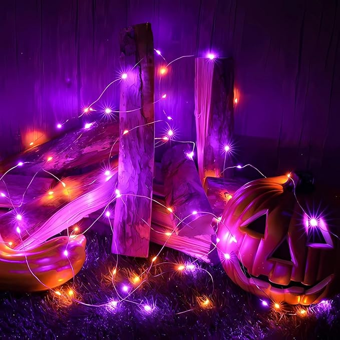 66Ft 200 LED Halloween Fairy Lights Plug in, 8 Modes String Lights with Timer for Outdoor & Indoor, Waterproof Twinkle Lights for Bedroom Garden Party Patio Halloween Decorations (Purple&Orange)