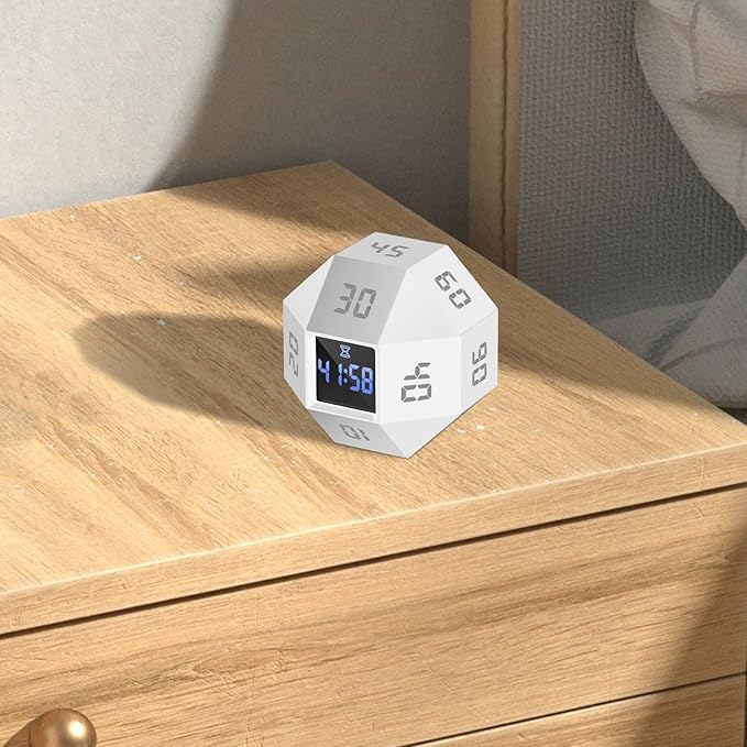 Flip Gravity Timer - 12-Side Time Management Cube with Preset Intervals, Silent Productivity Tool for Office, Study & Gym, Portable Focus Timer (White)
