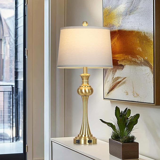 28.75'' Gold Table Lamps for Living Room, 3 Way Touch Control Bedside Lamps with USB A+C Ports & AC Outlets, Modern Metal Nightstand Lamps for Bedroom Living Room Office End Table(Bulb Included)