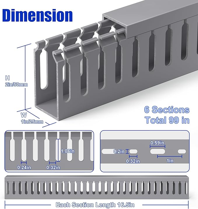 ZhiYo H2in x W1in Server Rack Cable Management Raceway, 99in (6X L16.5in) Cable Raceway Kit, Electrically Safe PVC Open Slot Wire Cover, Cord Hider for Under Desk/Computer/Network Cords, Grey