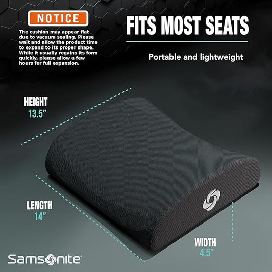 Samsonite Ergonomic Lumbar Support Pillow for Office Chair, Gaming Chair, or Car, Memory Foam Cushion with Ventilated Mesh and Adjustable Strap