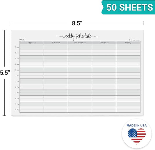 321Done Weekly Schedule Planning Notepad - 50 Sheets (5.5x8.5) – Hourly Appointment Productivity Weekly Planner Tear-Off Note Pad - Cute Simple Script Half-Letter Small Size - Made in USA