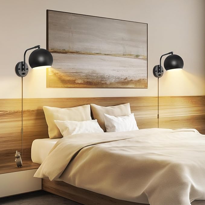 Wall Sconce with Remote Control, Dimmable Plug in Wall Sconces and Adjustable Color Temperature 2700K~6000K, Globe Swing Arm Wall Lights with Plug in Cord(2 Pack, 2 Bulbs)