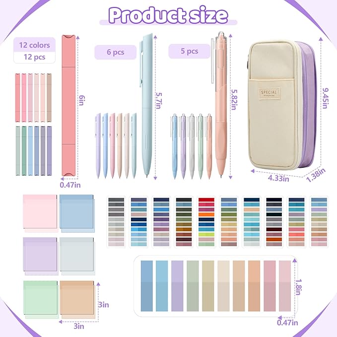 135 Pcs Book Annotation Kit Aesthetic Pencil Case Bag with 12 Highlighter 11 Gel Pen 1 Marker 300 Sheets Transparent Sticky Notes Pads 2640 Index Tabs Bible Study Supplies for School Gift(Purple)
