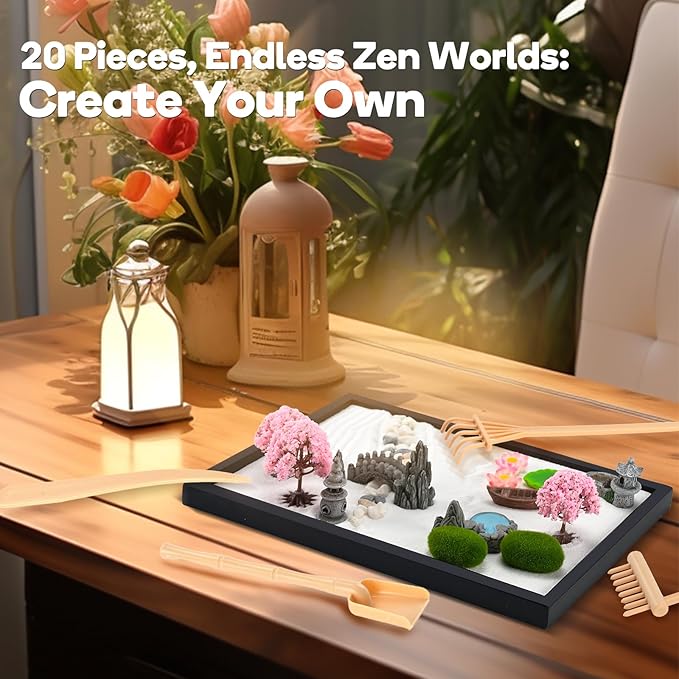 Zen Garden Kit for Desk 12x8in Premium Sand Tray Therapy Kit, Japanese Mini Zen Sand Garden Gift Set, 20 Accessories, Stress Relief Gifts, Meditation Home Office Desk Decor