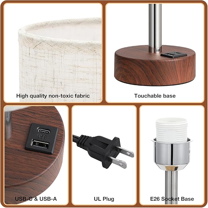 Touch Bedside Table Lamp with USB - 3 Way Dimmable Redwood Lamps for Bedroom Nightstand, Desk Lamp with Charging Station for Dorm, Living Room, Office, Kids Room, Nursery