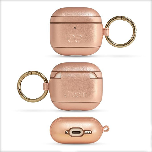 Dreem Om Case Cover with Keychain Clip Compatible with AirPods 4 for Apple AirPods 4th Generation, Vegan Leather AirPod Case for Men & Women, Luxury Earbuds Accessory for iPhone - Rose